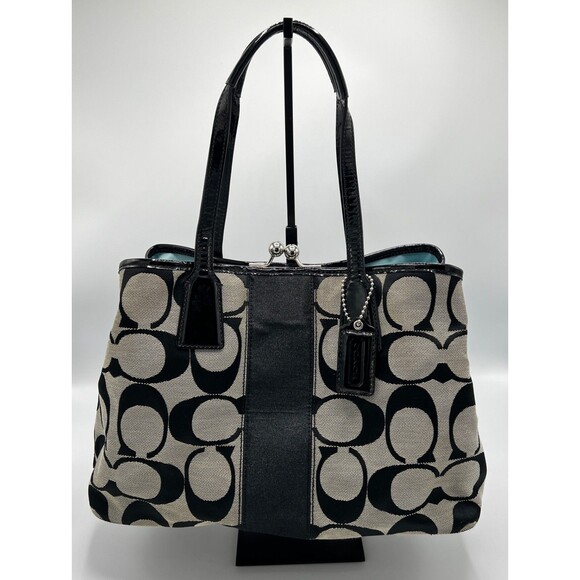 Coach Signature Stripe Framed Carryall Satchel Tote No F13533 Silver Black White - Picture 1 of 16